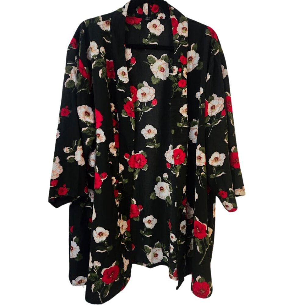 Coofandy black floral‎ open front kimono jacket XL